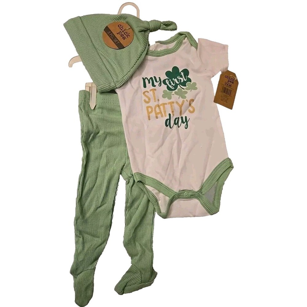 Baby Girl St. Patrick's Day 3 Piece Set Beanie - Bodysuit & Pants New 3-6 mos.